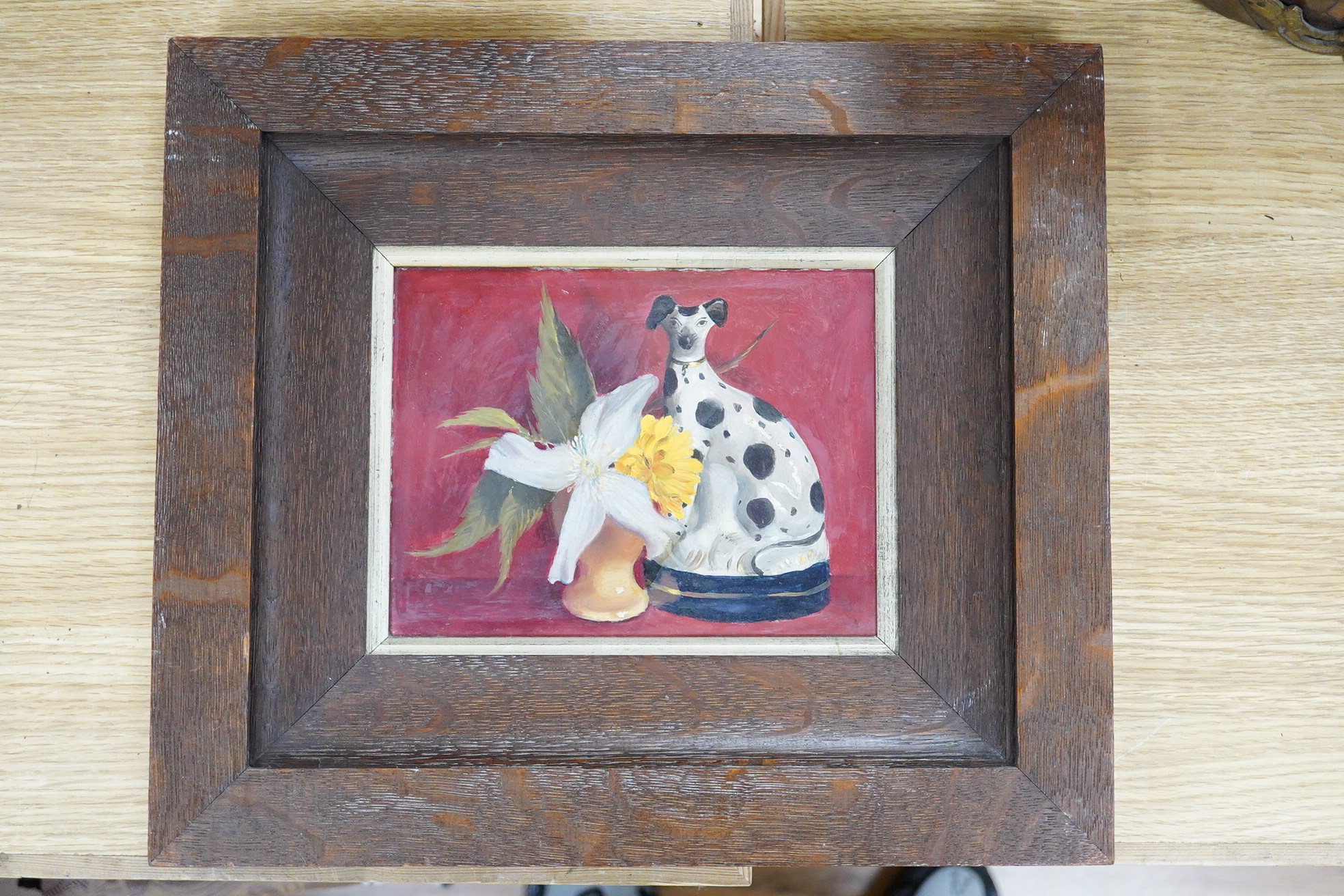 20th century School, Still life of a Staffordshire dog and flowers in a vase, oil on board, 14 x 18cm